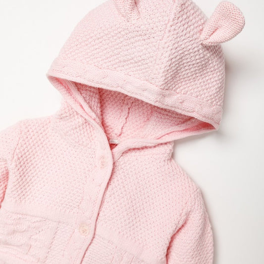 Baby Pink Cotton Knit Bear Hooded Cardigan