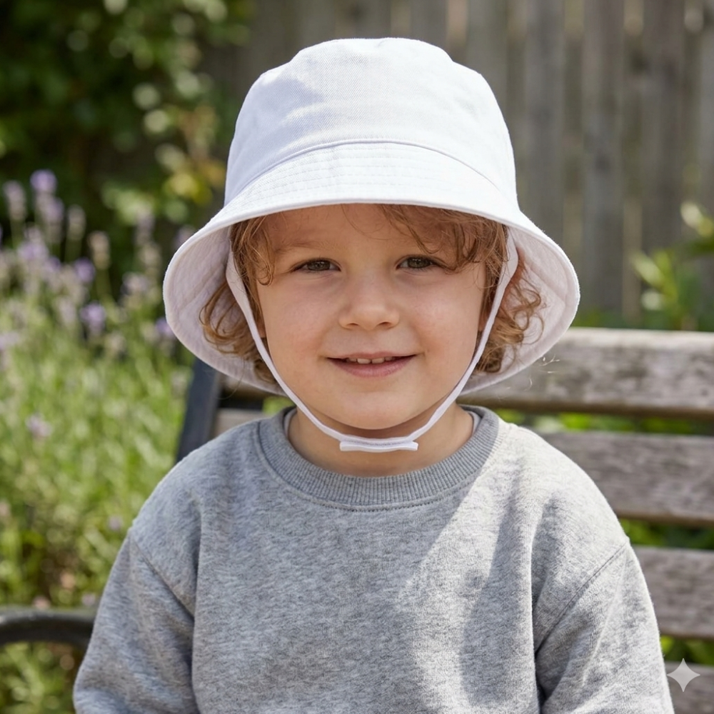 Infants Plain Bucket Hat With Chin Strap - White