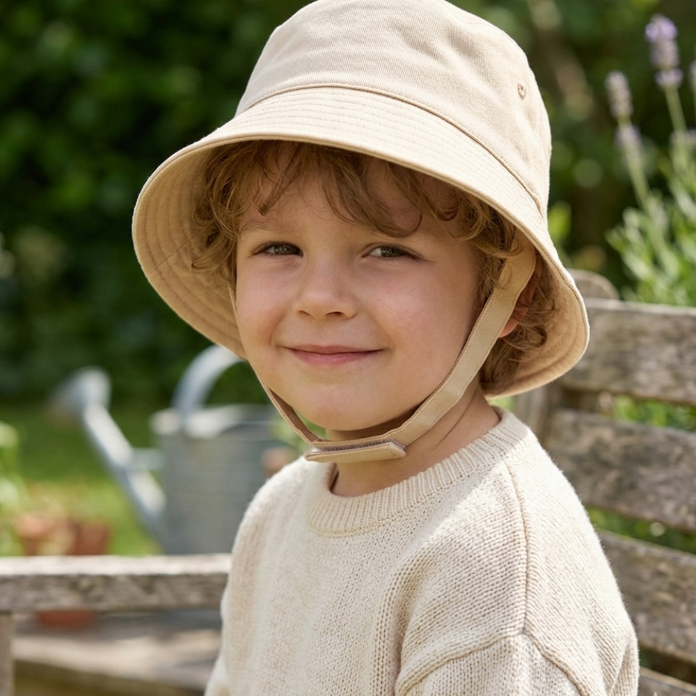 Infants Plain Bucket Hat With Chin Strap - Biscuit