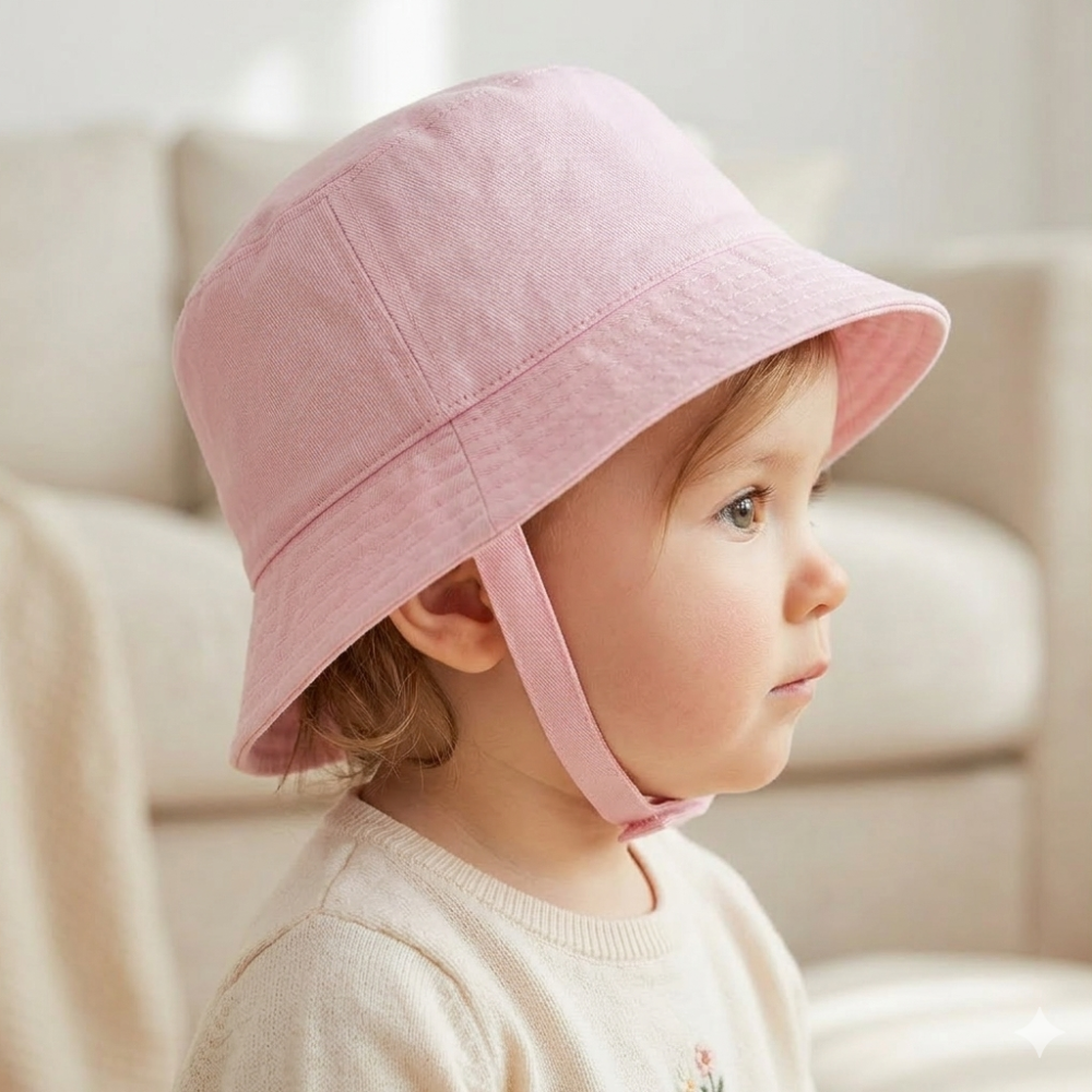 Infants Plain Bucket Hat With Chin Strap - Baby Pink