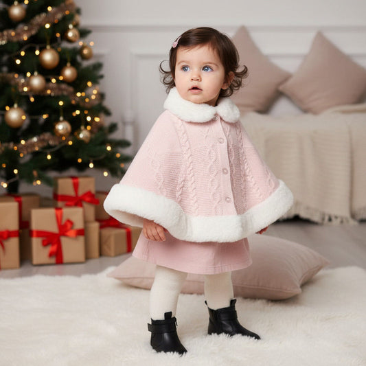 Baby Girls Lined Fur Trim Knitted Poncho/Cape