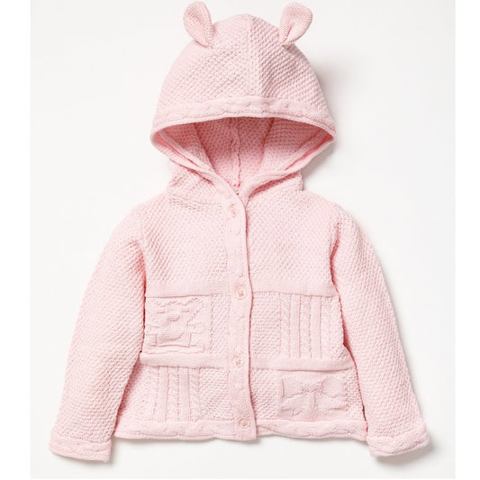 Baby Pink Cotton Knit Bear Hooded Cardigan