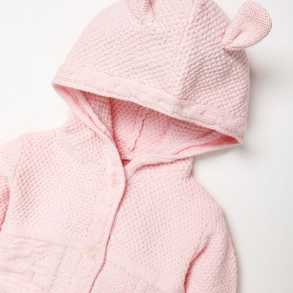 Baby Pink Cotton Knit Bear Hooded Cardigan
